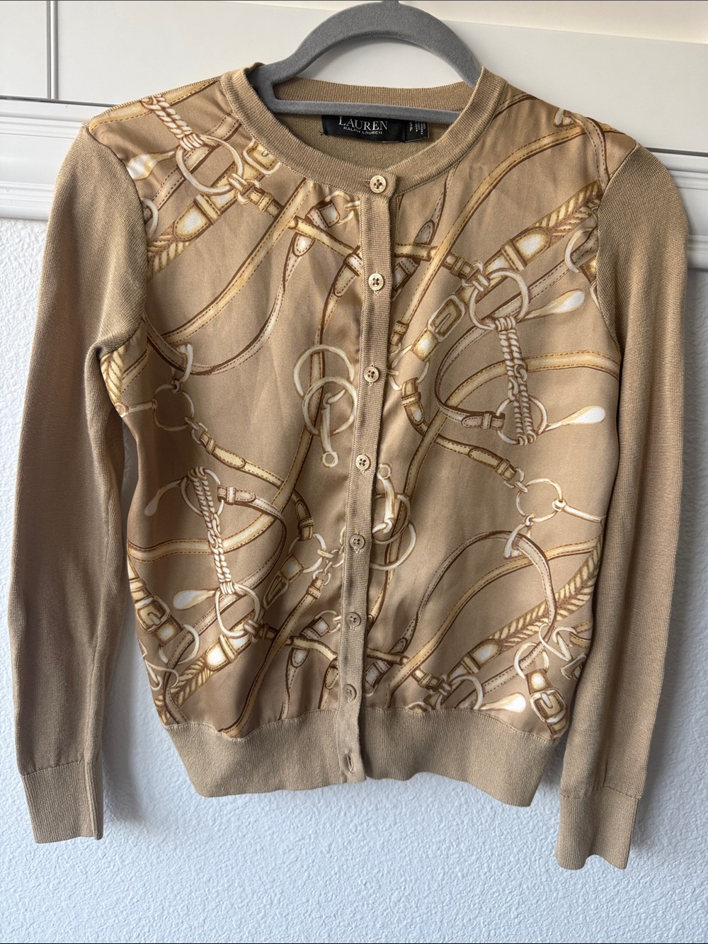 Lauren Ralph Lauren Beige and Cream Silk Rope-Print Cardigan